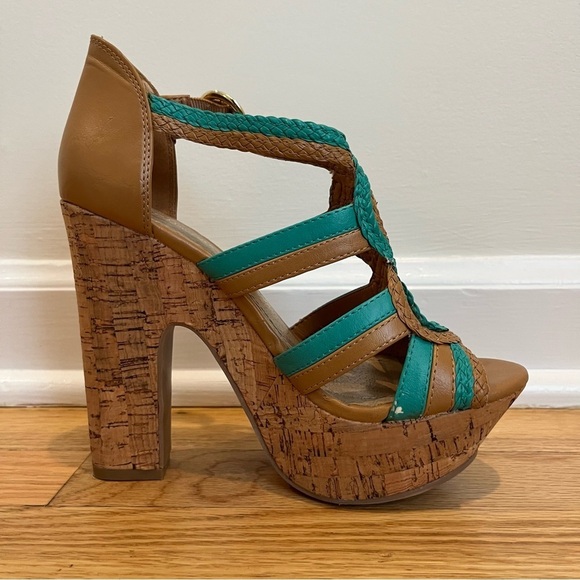 BCBGeneration Sanford Teal & Cognac Cork Platform Open Toe Sandals Size 6.5B - Picture 11 of 16